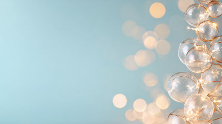 Decorative string lights with clear bulbs on a soft blue backgroundの素材