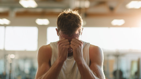 Young man feeling exhausted after an intense workout session in the gym during the eveningの素材