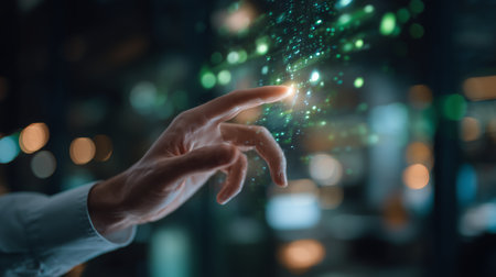 Hand reaching to touch glowing particles in a modern tech environmentの素材
