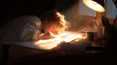 Child engaged in focused drawing under soft light in cozy workspace at duskの素材