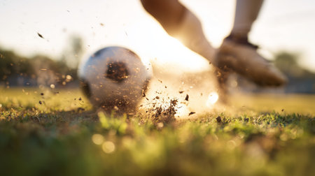 Soccer player striking the ball on a sunny afternoon in a grassy fieldの素材