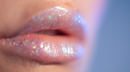 Shimmering gloss enhances lips with sparkle during a close-up sessionの素材