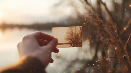 Holding a vintage photograph by the lakeside during sunsetの素材