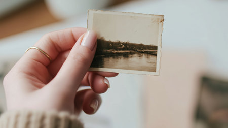 Vintage photograph held by hand showcasing a river scene with a bridge and treesの素材