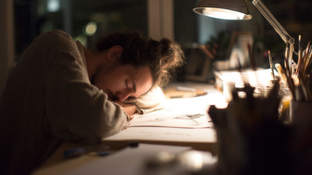 Man resting on desk surrounded by art supplies in a cozy evening settingの素材