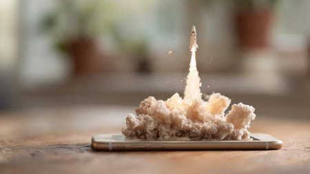 Rocket launching from smartphone on wooden table in cozy indoor settingの素材