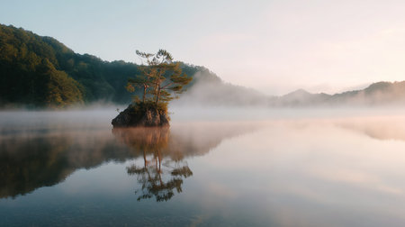 Misty morning landscape with a lone tree on an island near a calm lakeの素材