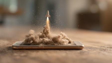 Rocket launches from smartphone on wooden table with dust cloudsの素材