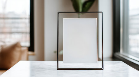 Empty picture frame rests on a marble table near a large window in a cozy roomの素材