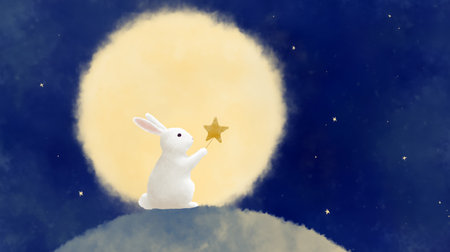 Cute white rabbit reaches for a star under a bright moonlit sky in a whimsical illustrationの素材