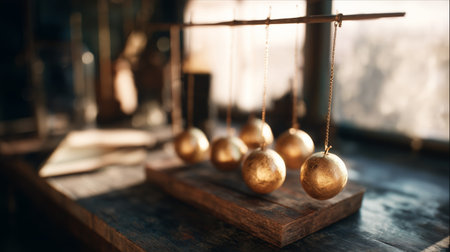Golden pendulums sway gently in a sunlit workshop filled with toolsの素材