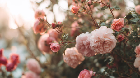 Vibrant pink and white roses bloom beautifully in a garden during sunset hourの素材