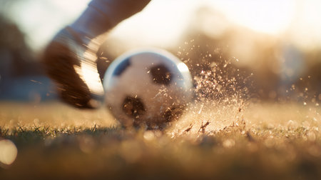 Player strikes soccer ball on field during sunset practice sessionの素材