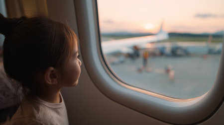 A girl watches the sunset from her airplane window, excited for her upcoming journey.の素材