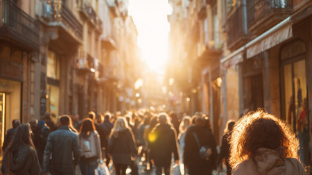 Crowd walks through a sunlit street in an urban area during evening hoursの素材