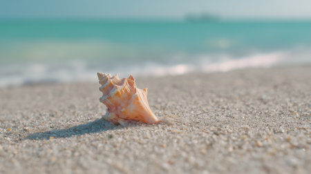 Seashell resting on sandy beach under bright sun near turquoise waterの素材