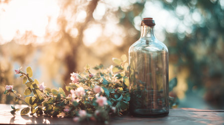 Glass bottle and flowers arranged on a wooden surface in soft sunlight during golden hourの素材