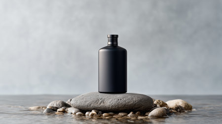 Black bottle on a smooth stone surrounded by water in a serene settingの素材
