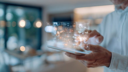 Exploring digital technology in a modern workspace during a bright afternoonの素材