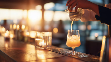 Sunset cocktail preparation in a lively bar scene overlooking the cityの素材