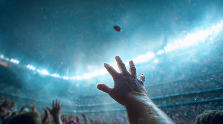 Crowd reaches for the football during an exciting game at a packed stadiumの素材