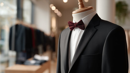 Elegant black suit on display with a bow tie in a tailored clothing store settingの素材