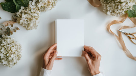 Hands holding a blank booklet surrounded by flowers and ribbons on a white tableの素材