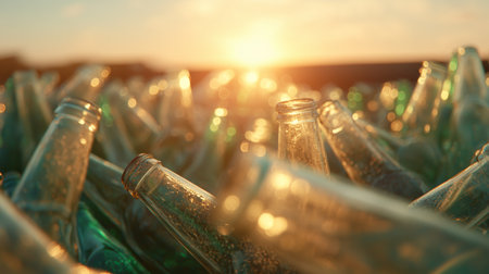 Bottles shining in the sunset light during a recycling event in an open fieldの素材