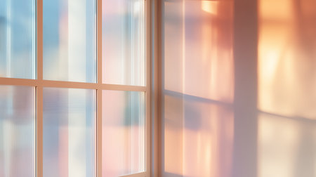 Soft sunlight filters through a window illuminating a cozy indoor space at dawnの素材