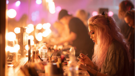 Makeup artists prepare for a vibrant performance at a lively event venueの素材
