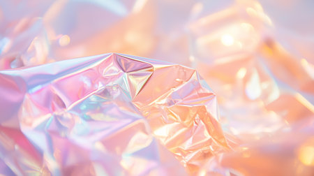 Colorful crumpled foil reflects light in soft pastel shadesの素材