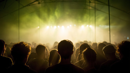 Crowd enjoys powerful live music performance under bright lights at evening concertの素材
