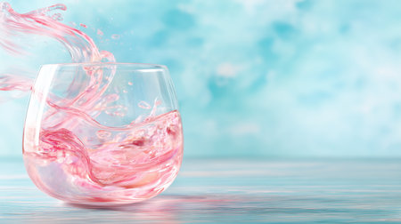 Refreshing splash of pink liquid in a clear glass against a soft blue backgroundの素材