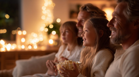 Family enjoying movie night with popcorn and warm lights in cozy living roomの素材
