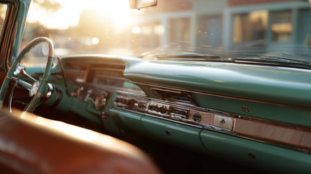 Classic car interior shines in sunlight with vintage design details and scenic view outsideの素材