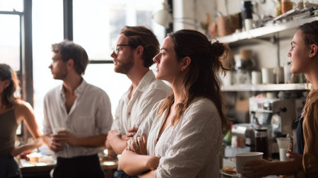 Group of friends enjoying a casual gathering in a cozy indoor space during afternoon hoursの素材