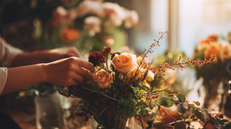 Creating a beautiful floral arrangement in a sunlit room filled with various flowersの素材