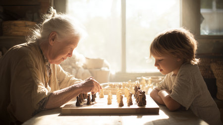 Elderly woman teaches young boy chess in warm, sunlit room during a quiet afternoonの素材