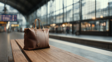 Brown leather bag rests on wooden bench at train station during a calm afternoonの素材