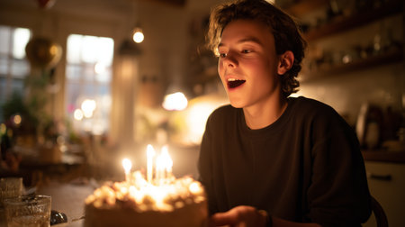 Young person celebrating birthday with cake and candles in cozy kitchen settingの素材