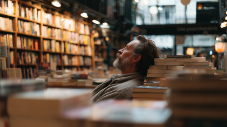 Quiet moment in a cozy bookstore with a man reflecting among the bookshelvesの素材