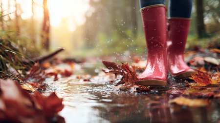 Child in pink rain boots splashes through puddles on a rainy autumn day in the forestの素材