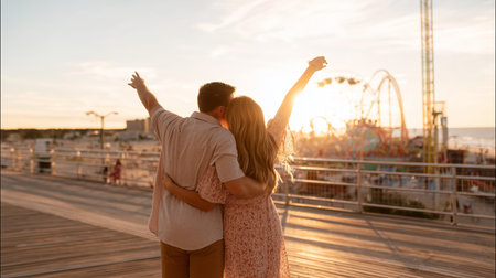 Couple enjoys sunset on boardwalk with amusement park in the backgroundの素材