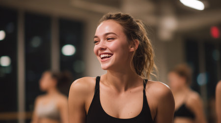 Smiling dancer enjoys fitness class in modern studio during evening workout sessionの素材