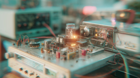 Vintage electronic equipment with glowing vacuum tube in a busy workshop environmentの素材