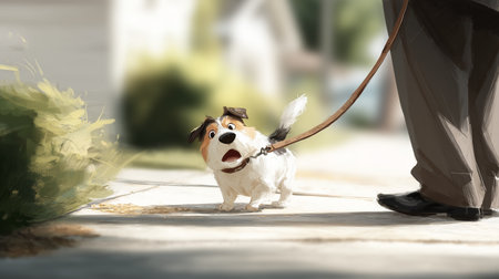 Small dog looks surprised while being walked on a sunny sidewalk in a quiet neighborhoodの素材