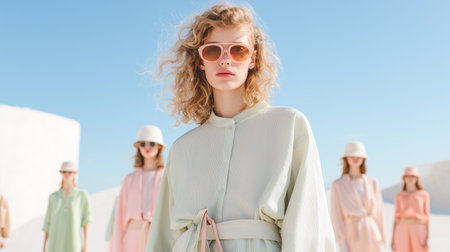 Models showcase stylish summer clothing in a minimalist outdoor setting under clear skiesの素材