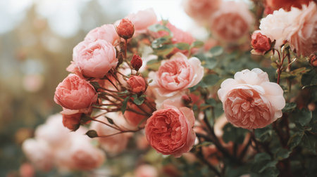 Beautiful pink roses blooming in a garden during springtimeの素材
