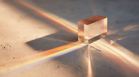 Light refracting through a crystal block on a textured surface creates colorful patterns in sunlightの素材