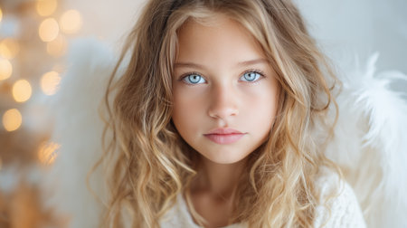 Girl with blue eyes and long hair sitting against a soft background with warm bokeh lightsの素材
